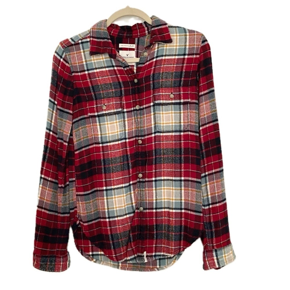 American Eagle Outfitters Red Plaid Flannel‎ Shirt Classic Fit XS Soft Cabincore